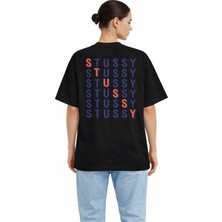 Camblys Unisex Stussy Lacivert Yazılı Yenı Sezon Baskılı Oversize Kalın Kumaş Bol Kesim Pamuklu T-Shirt