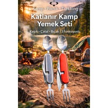 Özbience 2’li Katlanır Kamp Yemek Seti, Kaşık Çatal Bıçak, 3 Fonksiyonlu, Outdoor
