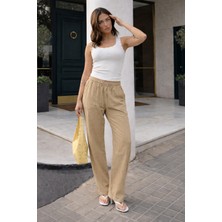 Damga Kadın Trend Premium Bol Bej Keten Pantolon