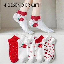 Pamuklu Çilekli Desenli Karışık Renkli Patik Çorap 12'li Paket 4 Desen 3'er Çift
