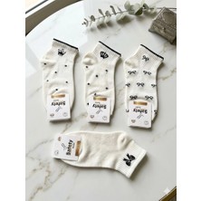 Krem Renkli Kurdela ve Taç  Desenli Pamuklu 12 Çift Patik Çorap