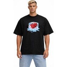 Camblys Unisex Snack Buz Küpü Baskılı Oversize Kalın Kumaş Bol Kesim Pamuklu T-Shirt