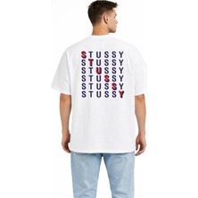 Camblys Unisex Stussy Lacivert Yazılı Yenı Sezon Baskılı Oversize Kalın Kumaş Bol Kesim Pamuklu T-Shirt