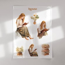 Henno Vintage Kitap Okuyan Kız Temalı Şeffaf Sticker Seti – Ajanda, Bullet Journal, Çıkartma Sayfası
