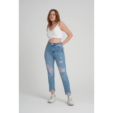 Aida Fashion Çift Diz Yırtık Mom Jeans