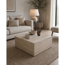 Traverten Görünümlü Kare Orta Sehpa 90X90 cm Bej Modern Salon Sehpası