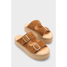 Capone Outfitters Joellyn Hakiki Deri Süet Espadril Tabanlı Kadın Terlik
