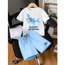 Nigrum Pardus Özel Seri Baby Blue Fish Baskılı %100 Pamuk Erkek Çocuk T-Shirt Şort Takımı