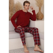 Işılay Poylin Homewear Erkek %100 Pamuk Bordo Henley Yaka Ekoseli Uzun Kol Pijama Takımı