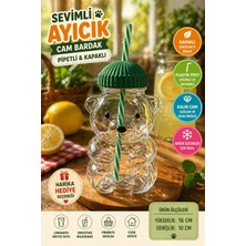 Medushop Ayıcık Cam Bardak Pipetli Kapaklı 16X10 cm Plastik Pipetli Çocuk Içecek Bardağı Sevimli