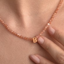 Nox Jewelry 14 Ayar Altın Kaplama Gümüş Doğal Güneş Taşı Harfli Kolye - Minimal Kişiye Özel Tasarım