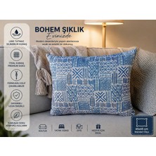 Modern Bohem Desenli Dekoratif Kırlent Kılıfı 45X45 Mavi