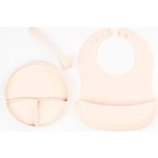 Nemere Ithalat Krem Rengi 3’lü Silikon Yemek Seti – Önlük + Diş Kaşıyıcılı Kaşık + Vakumlu Tabak