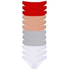 Royaleks Kesgin Market® 12 Adet Süper Eko Set Likralı Kadın Slip Külot Kırmızı Ten Gri Beyaz Teknoke