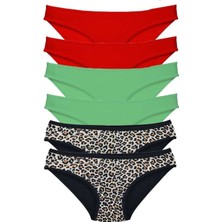 Royaleks Kesgin Market® 6 Adet Likralı Kadın Slip Külot Leopar Kırmızı Yeşil Teknokesgin