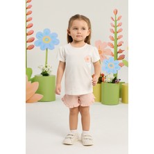 Minycenter Kız Bebek Çiçek Nakışlı Şortlu Alt Üst Set 3 Ay-36 Ay Pudra