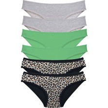 Royaleks Kesgin Market® 6 Adet Likralı Kadın Slip Külot Leopar Gri Yeşil Teknokesgin
