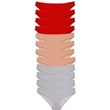 Royaleks Kesgin Market® 12 Adet Eko Set Likralı Kadın Slip Külot Kırmızı Ten Gri Teknokesgin