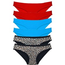 Royaleks Kesgin Market® 6 Adet Likralı Kadın Slip Külot Leopar Kırmızı Mavi Teknokesgin