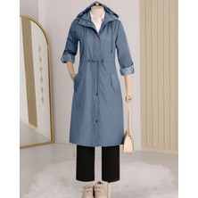 Moda Morfo Astarı Çizgili Trençkot -İndigo