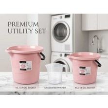 PremiumPort 3'lü Set Su Kovası 10-14 Litre Pudra ve Şeffaf Maşrapa