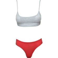 Royaleks Kesgin Market® Pedli Ip Askılı Yarım Atlet Büstiyer Külot Takım Gri Kırmızı Teknokesgin