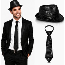 Ynt İthalat Siyah Payetli Şapka ve Kravat Seti - Işıltılı Parti Kombini
