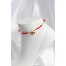 Emh Store Kırmızı Renk Boncuklu Nazarlı Göz Figürlü Halhal - TJ-HH1680