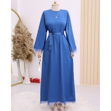 Moda Morfo Yuvarlak Yaka Eteği ve Kolları Tüylü Saten Elbise -İndigo