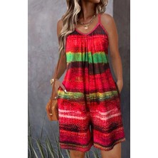 Cotton Lab Cottonlab Kadın Ip Askılı Yuvarlak Yakalı Cepli Desenli Kısa Süprem Tulum