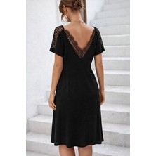 Livizmir Moda Kadın Kısa Kollu Dantel V Yakalı Midi Viskon Elbise