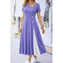 Meğdaix Kadın Kısa Kollu Asimetrik Yakalı Düğme Detaylı Midi Viskon Elbise