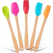 Mabeyn Promosyonca Silikon Spatula ve Fırça Seti, 5 Parça, Karışık Renkli, Bambu Saplı