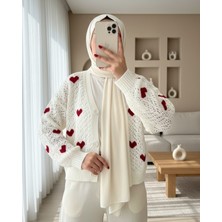 Moda Morfo Kalp Desen Düğmeli Ajurlu Triko Hırka -Ekru