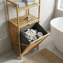 Mabeyn Deconox Doğal Bambu 2 Katlı Banyo Rafı ve Çamaşır Sepeti (40X30X95 Cm) - Açık Raflı Ahşap Düzenleyici Kirli Sepeti Dolabı