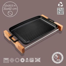 Mabeyn Lava Döküm Grill Tepsi, Izgara Yüzeyli, Metal Kulplu, Ahşap Standlı, 31X42CM