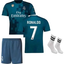 2018 Turkuaz-Mavi Cristiano Ronaldo Çocuk Forması Şort Çorap Bileklik 4'lü Set