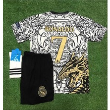 R.madridd 2023-24 Sezon Dragon Desenli Cristiano Ronaldo Çocuk Forması 3'lü Set (Black-White)
