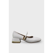 Kanuga Kadın Kemer Detaylı Küt Burun Topuklu Ayakkabı Beyaz LPA769