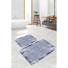 PremiumPort Yıkanabilir Kare Desenli Banyo Paspası ve Klozet Takımı Seti