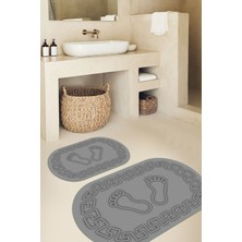 PremiumPort Yıkanabilir Oval Banyo Paspası 2'li Set, Kaymaz ve Ayak Izi Desenli