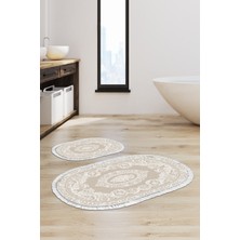 PremiumPort Yıkanabilir Kaymaz Taban Oval Banyo Paspas, Bej, 60X100 & 50X60