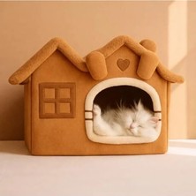 MarkEntegra Peluş Kedi Evi, Minderli, Katlanabilir, Camel Renk