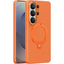 Keephone Samsung Galaxy S26 Ultra Kılıf Metalik Lens Çevreli Mehold Standlı Deri Dokulu Magsafe Kapak - Turuncu
