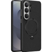 Keephone Samsung Galaxy S26 Ultra Kılıf Metalik Lens Çevreli Mehold Standlı Deri Dokulu Magsafe Kapak - Siyah