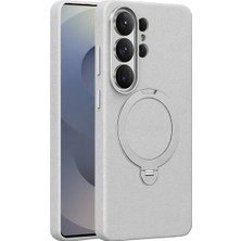 Keephone Samsung Galaxy S26 Ultra Kılıf Metalik Lens Çevreli Mehold Standlı Deri Dokulu Magsafe Kapak - Beyaz