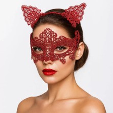 Nemere Ithalat Romantik Kırmızı Dantel Maske Seti – Kedi Kulaklı Taç ve Maske No 3