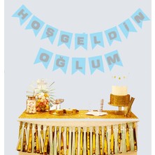 Savarga Hoşgeldin Oğlum Mavi Üzeri Gümüş Yeni Doğan Bebek Doğum Süsü Afiş Bayrak Flama 2.2 Metre