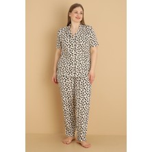 Wordex Mrn 2850 Desenli Milan Kumaş Kısa Kollu Düğmeli Büyük Beden Kadın Pijama Takımı