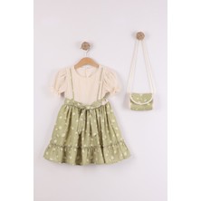 Joy Kids Kız Çocuk Papatya Detaylı Premium Elbise Çanta Hediyeli (Yeşil-Ekru) (2-5yaş)